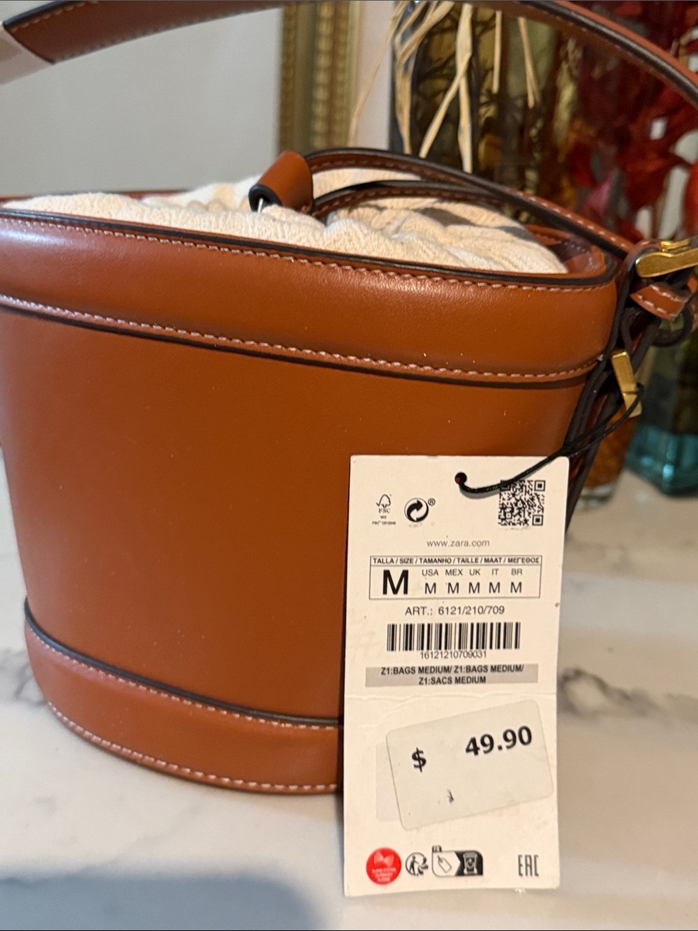 Zara Cognac Leather Bucket Bag with Contrast Trim